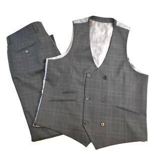Tiglio Luxe Men Large 36x34 Green Plaid Double Breasted 100% Wool Vest Pants Set